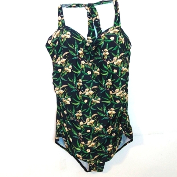 159 MATERNITY BLACK GREEN RUCHED V-NECK HALTER TIE ONE PIECE SWIMSUIT SZ XL NWOT - Picture 7 of 7